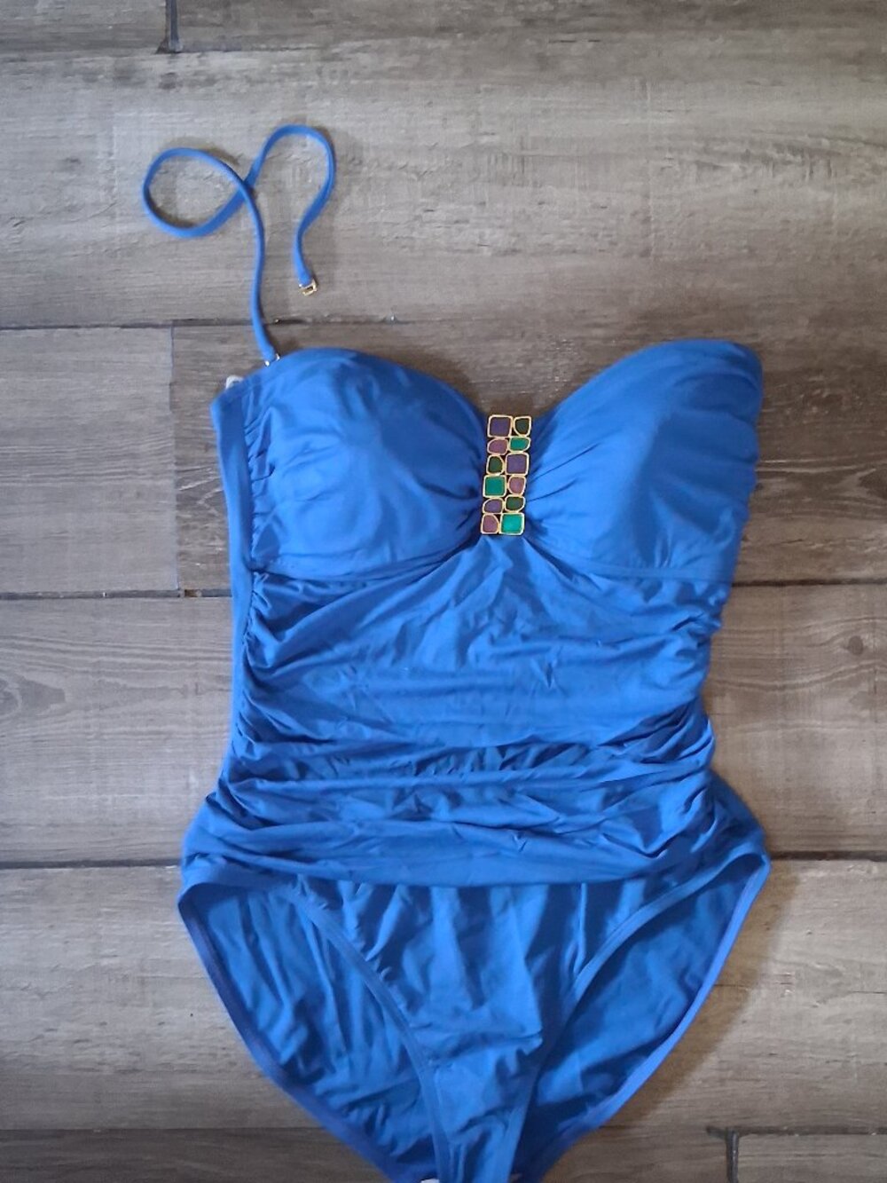La Blanca size 14 Strapless Bandeau One Piece Swimsuit Blue w/ Jewels